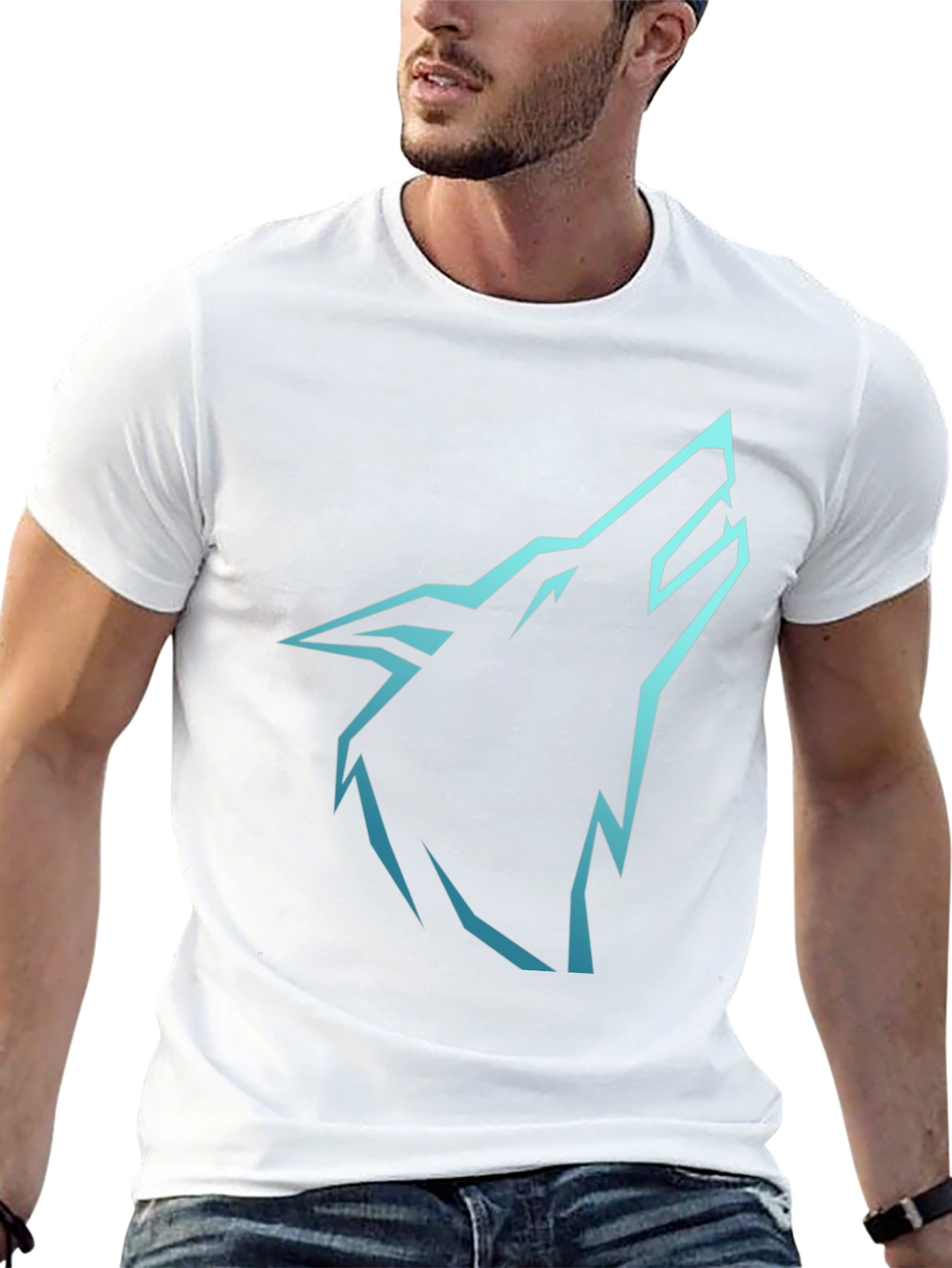 Mens Black T-Shirt with Cyan Wolf Graphic