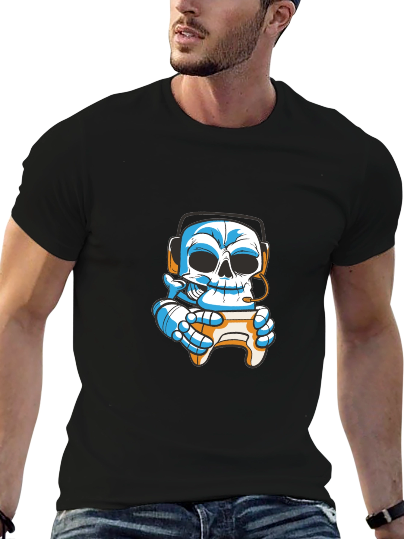 Gamer Skull T-Shirt - Black Cotton Graphic Tee