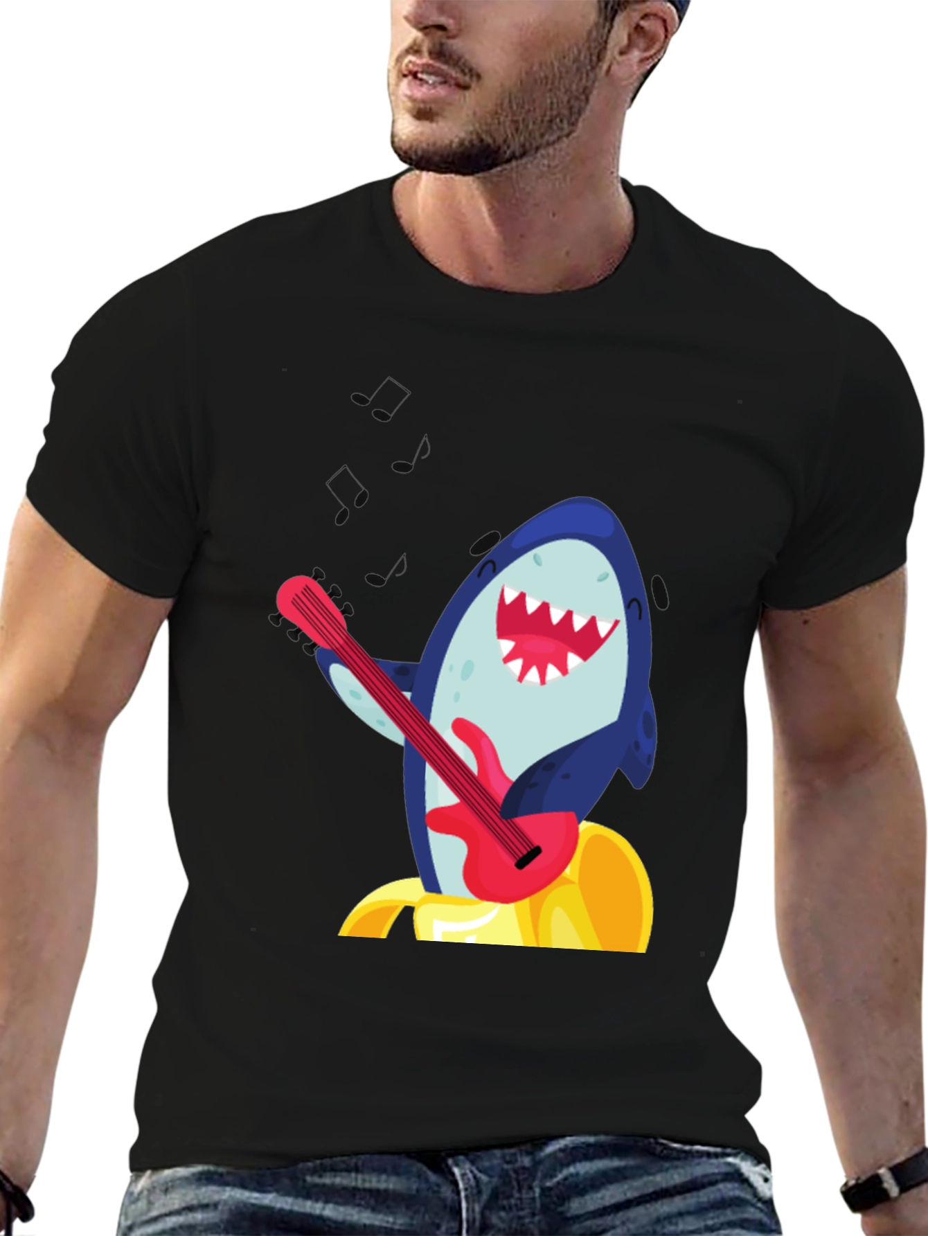 Shark Guitarist Graphic Tee - Black Cotton Blend