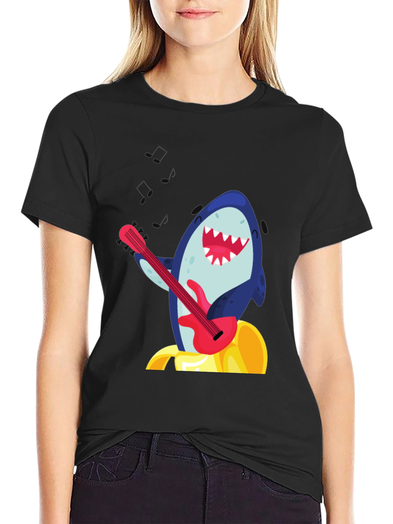 Shark Guitarist Graphic Tee - Black Cotton Blend