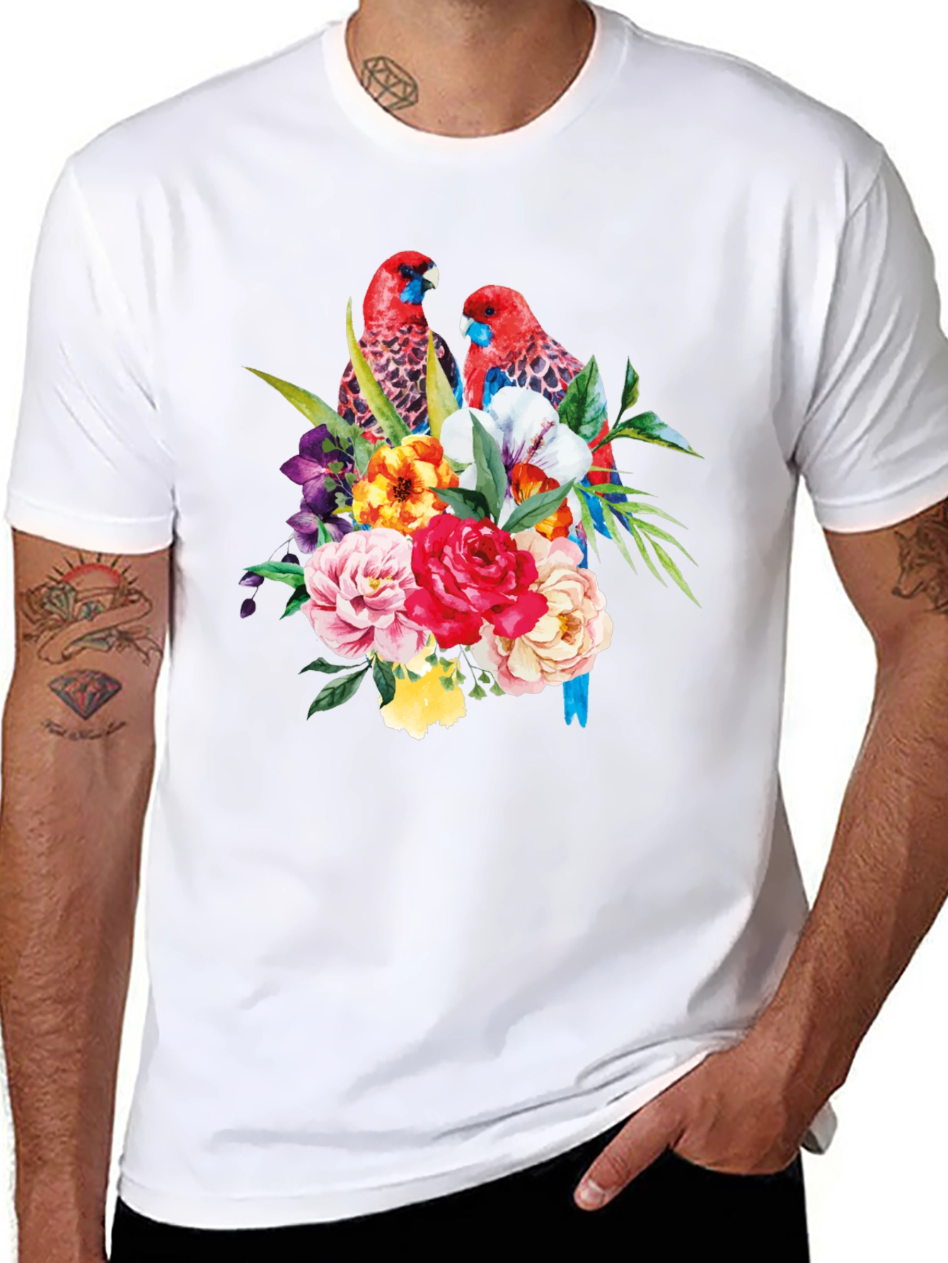 Floral Parrot Graphic Tee - Black Cotton Blend