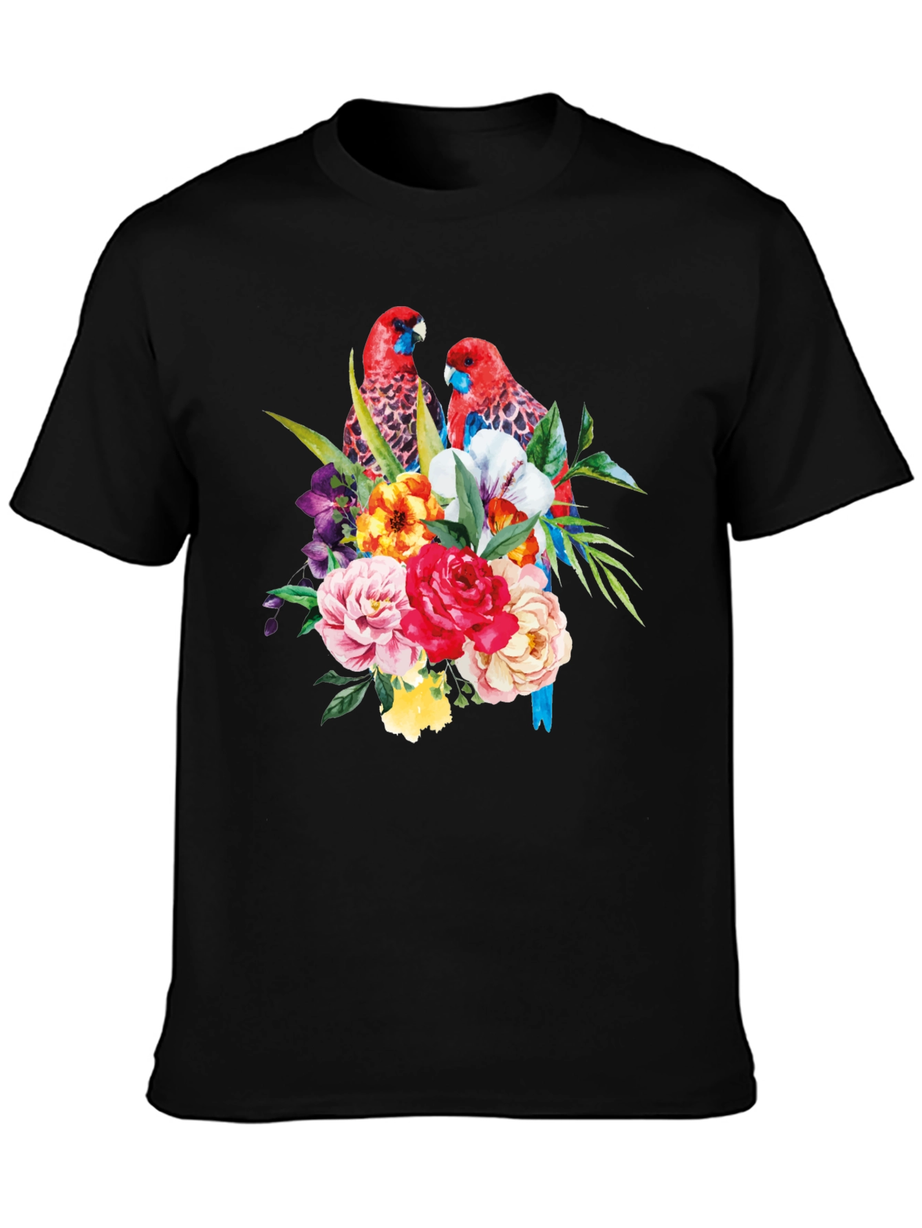 Floral Parrot Graphic Tee - Black Cotton Blend