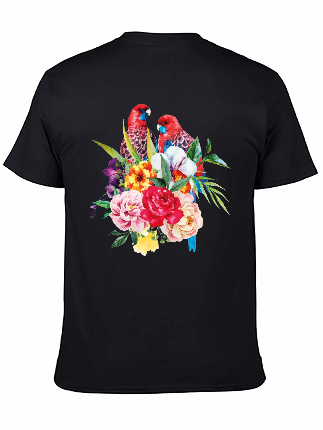 Floral Parrot Graphic Tee - Black Cotton Blend