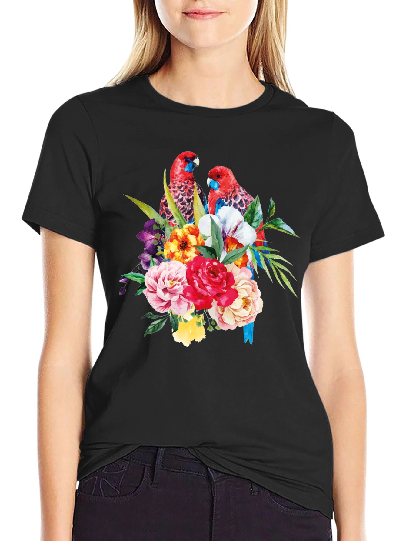 Floral Parrot Graphic Tee - Black Cotton Blend
