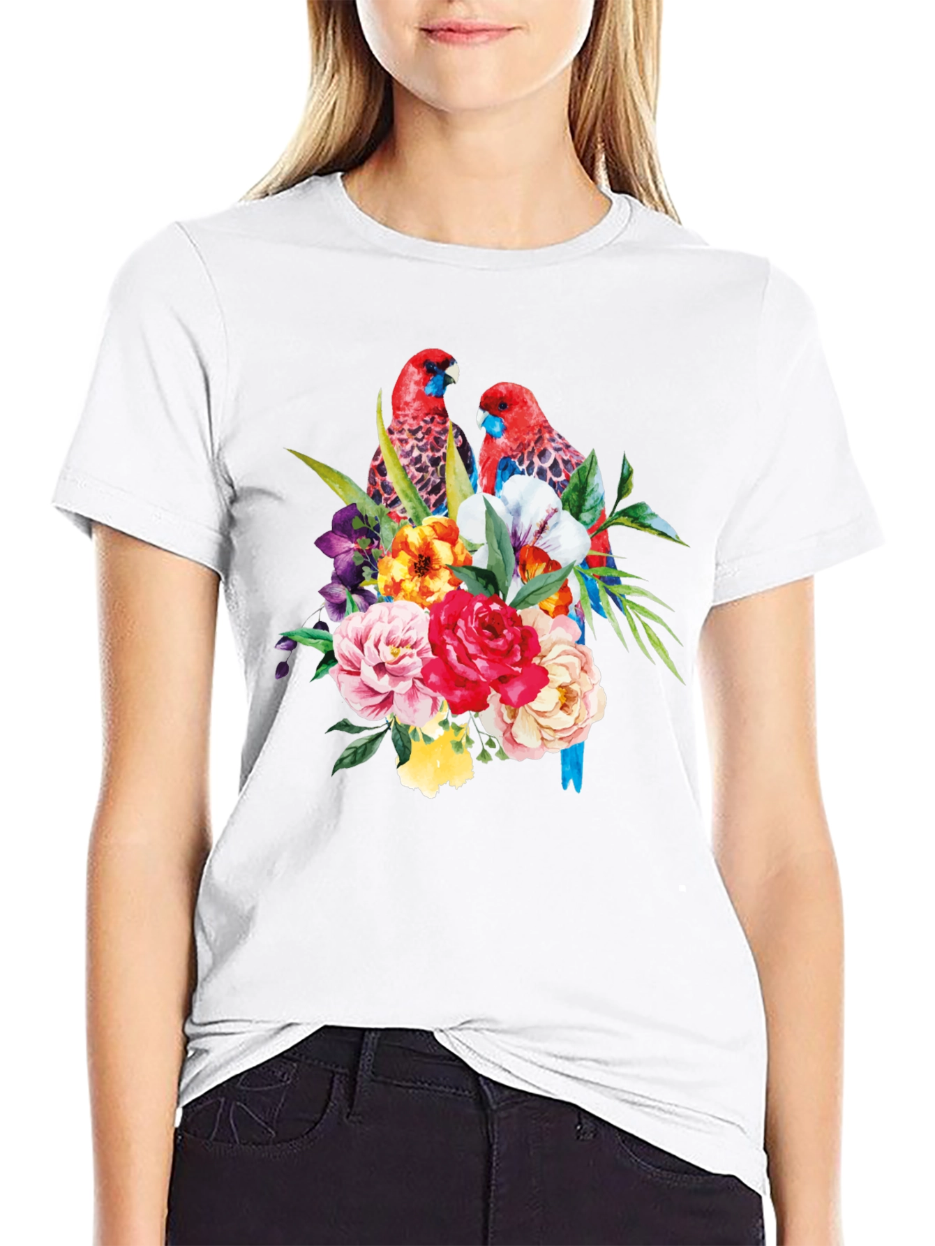 Floral Parrot Graphic Tee - Black Cotton Blend