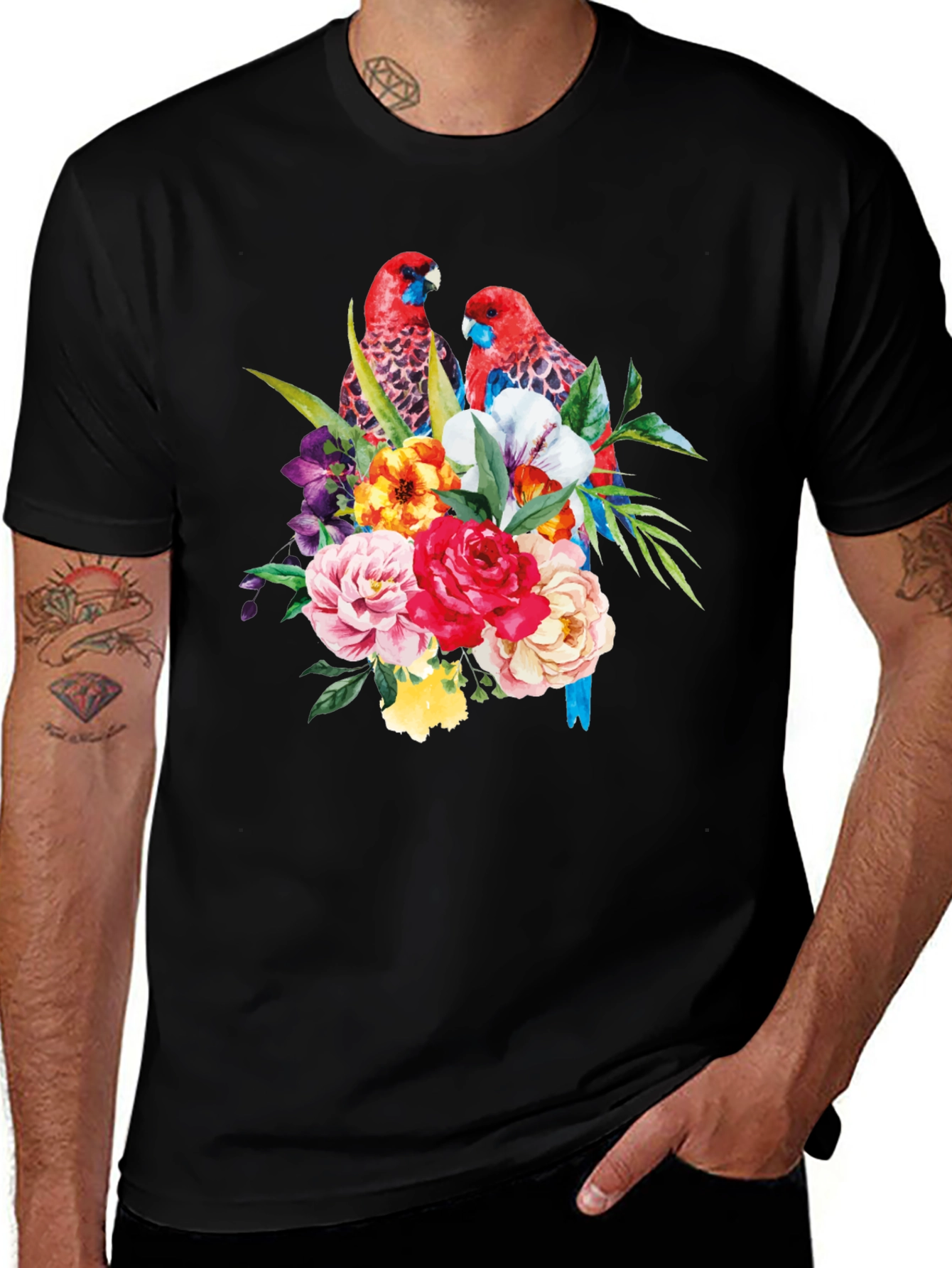 Floral Parrot Graphic Tee - Black Cotton Blend