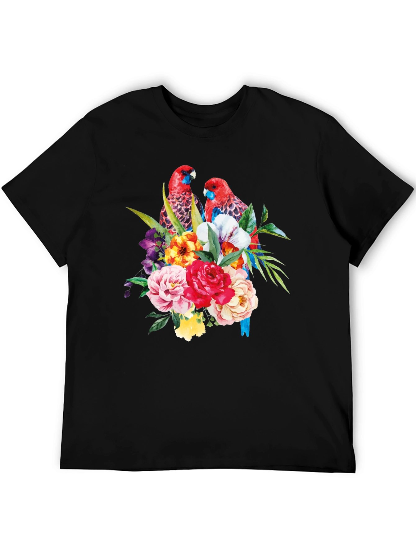 Floral Parrot Graphic Tee - Black Cotton Blend