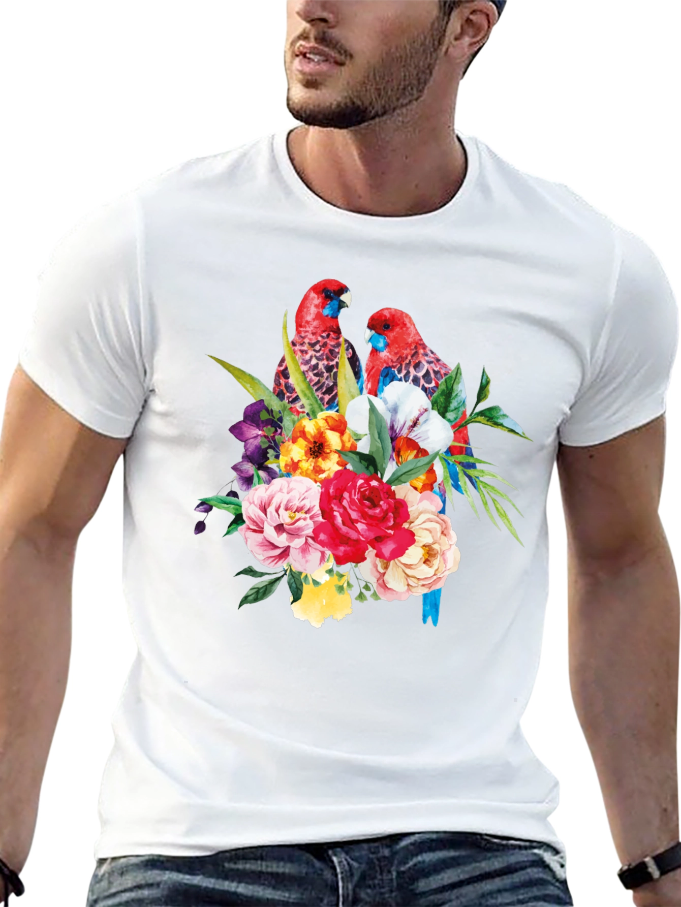 Floral Parrot Graphic Tee - Black Cotton Blend