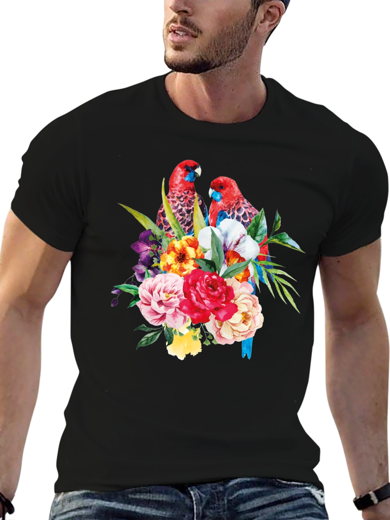 Floral Parrot Graphic Tee - Black Cotton Blend