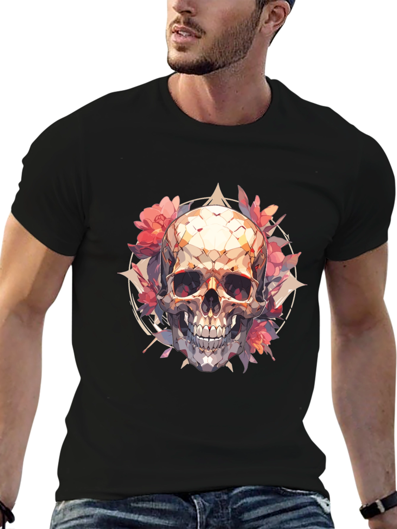 Skull & Floral Graphic Tee - Black