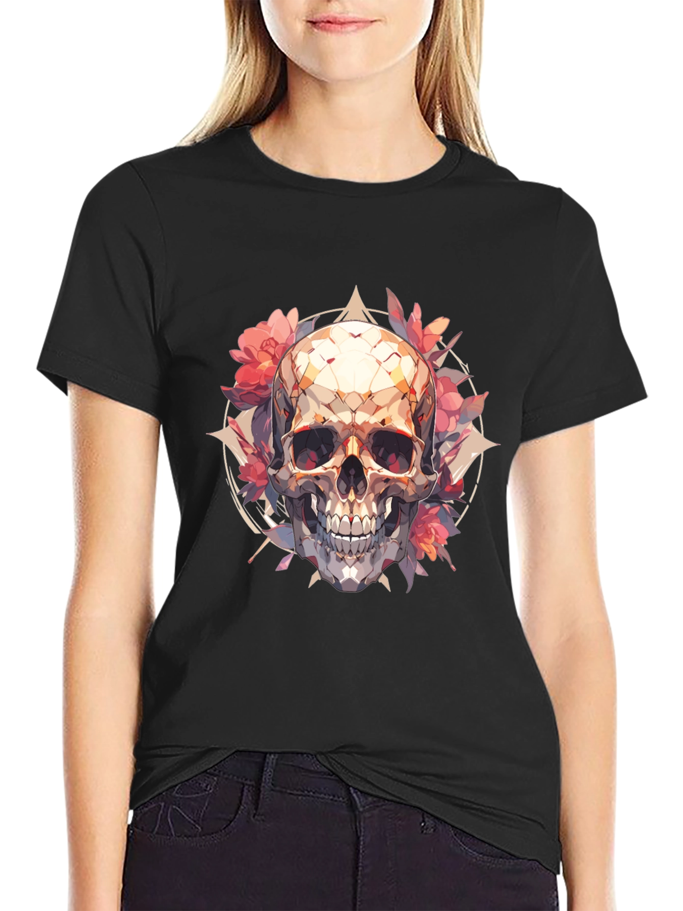 Skull & Floral Graphic Tee - Black