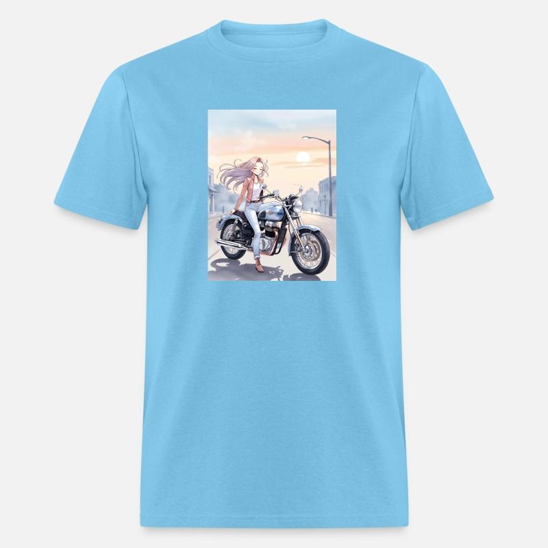 An anime-style character sitting on a motorcycle