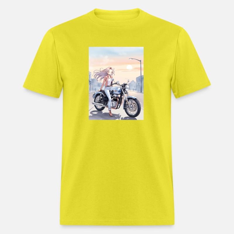 An anime-style character sitting on a motorcycle