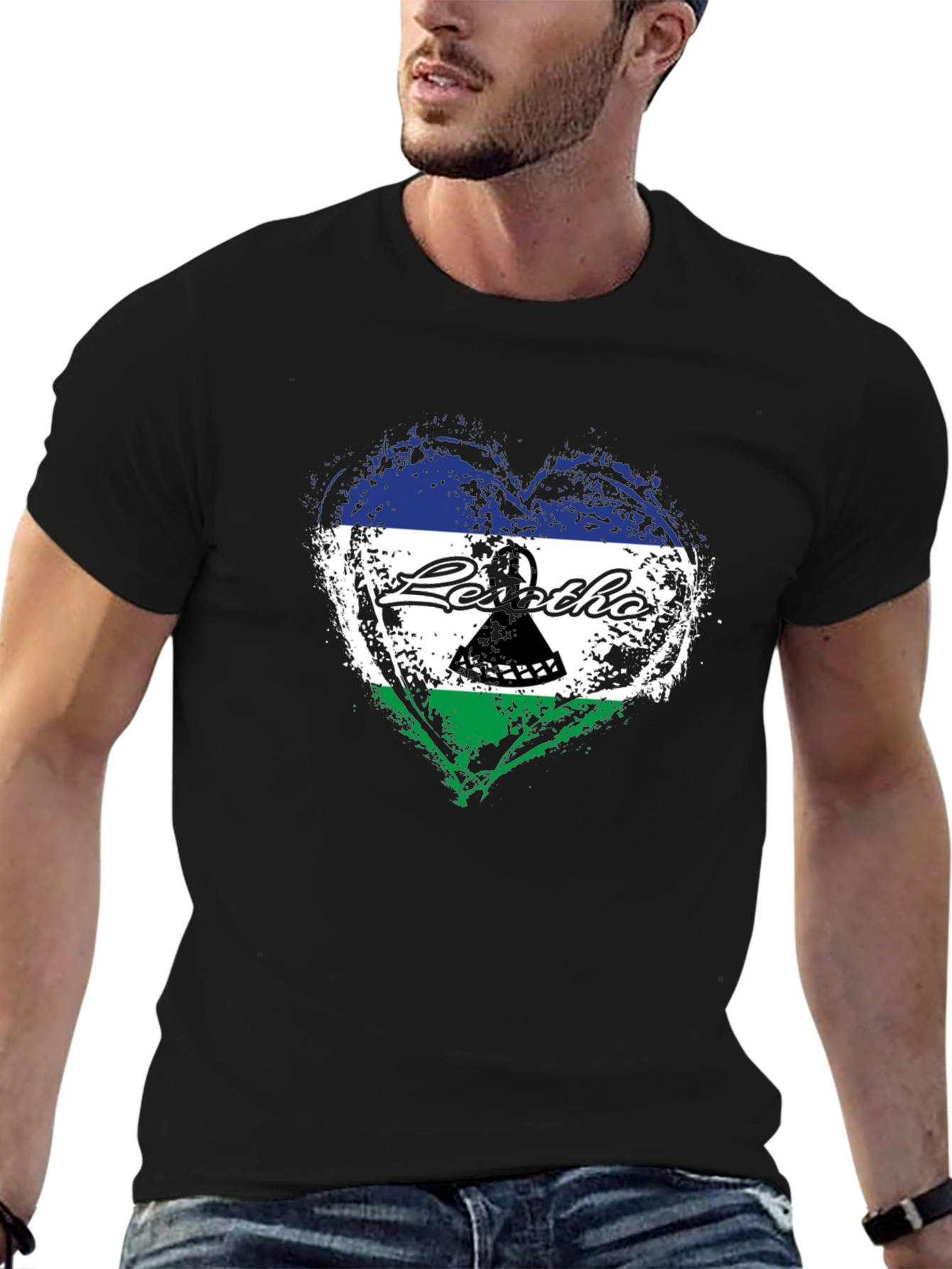 Lesotho Flag Heart T-Shirt - Black Crew Neck Tee