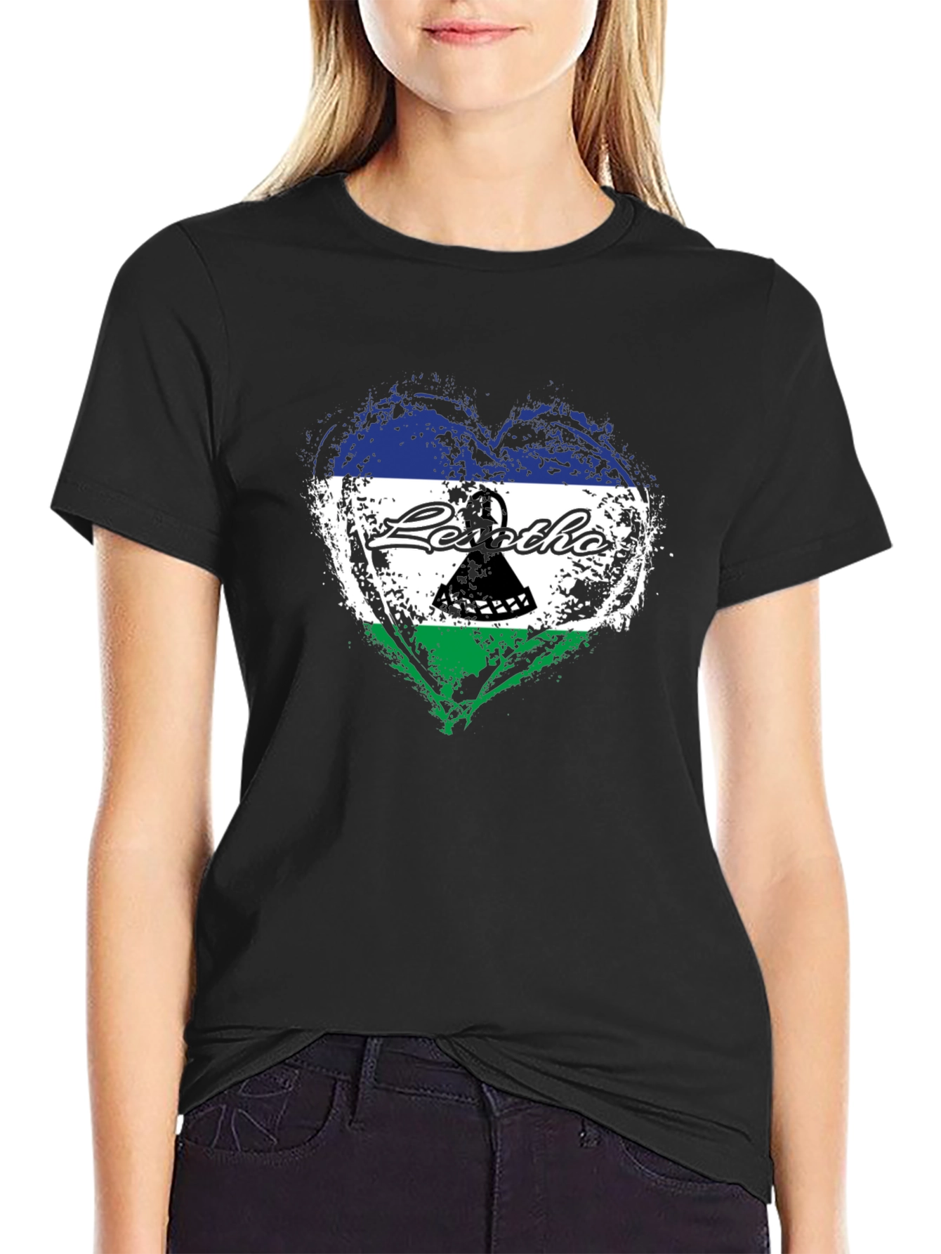 Lesotho Flag Heart T-Shirt - Black Crew Neck Tee