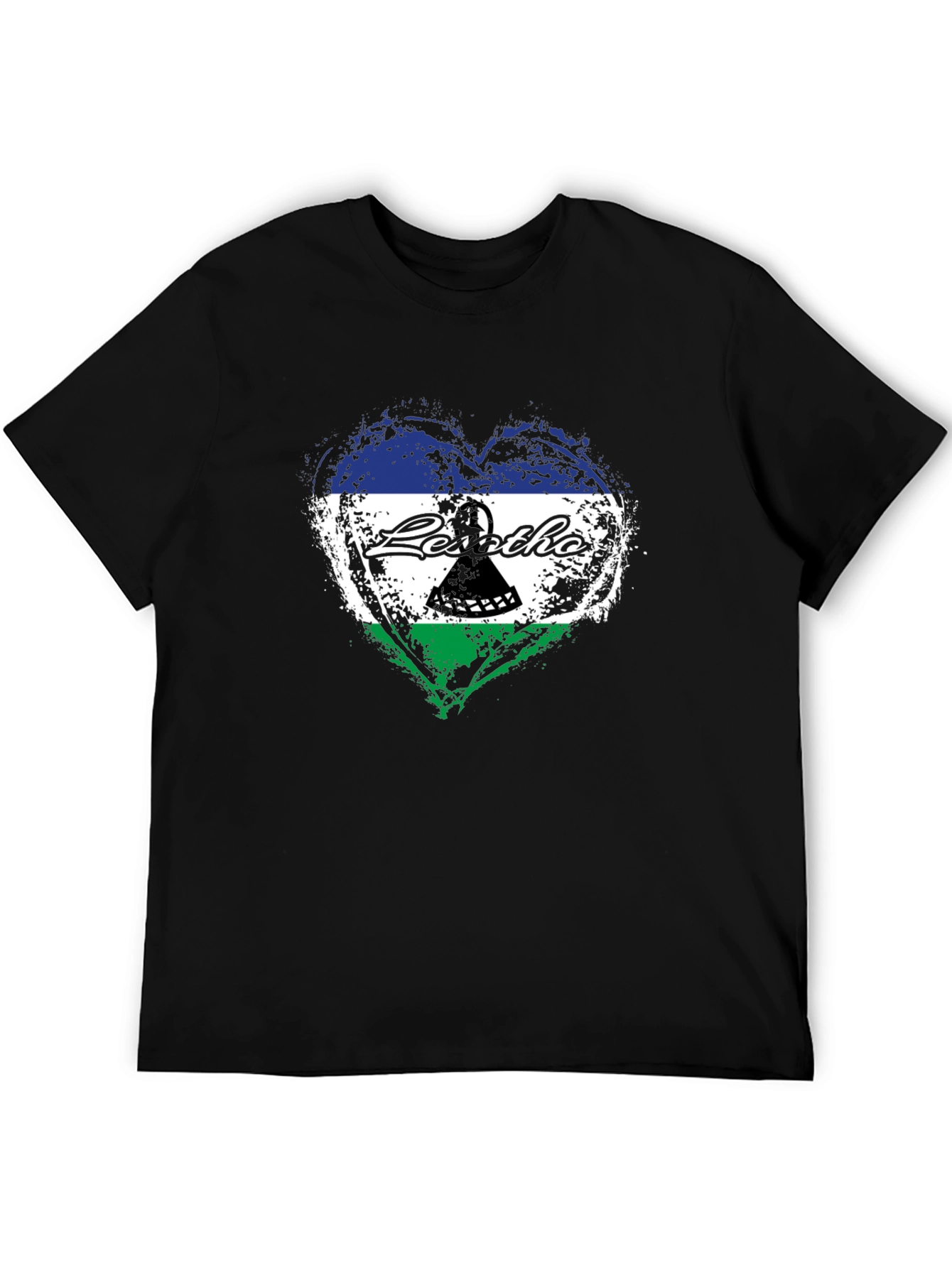 Lesotho Flag Heart T-Shirt - Black Crew Neck Tee