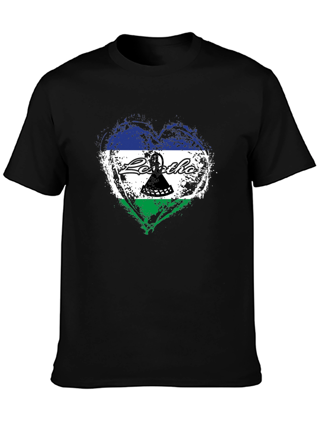 Lesotho Flag Heart T-Shirt - Black Crew Neck Tee