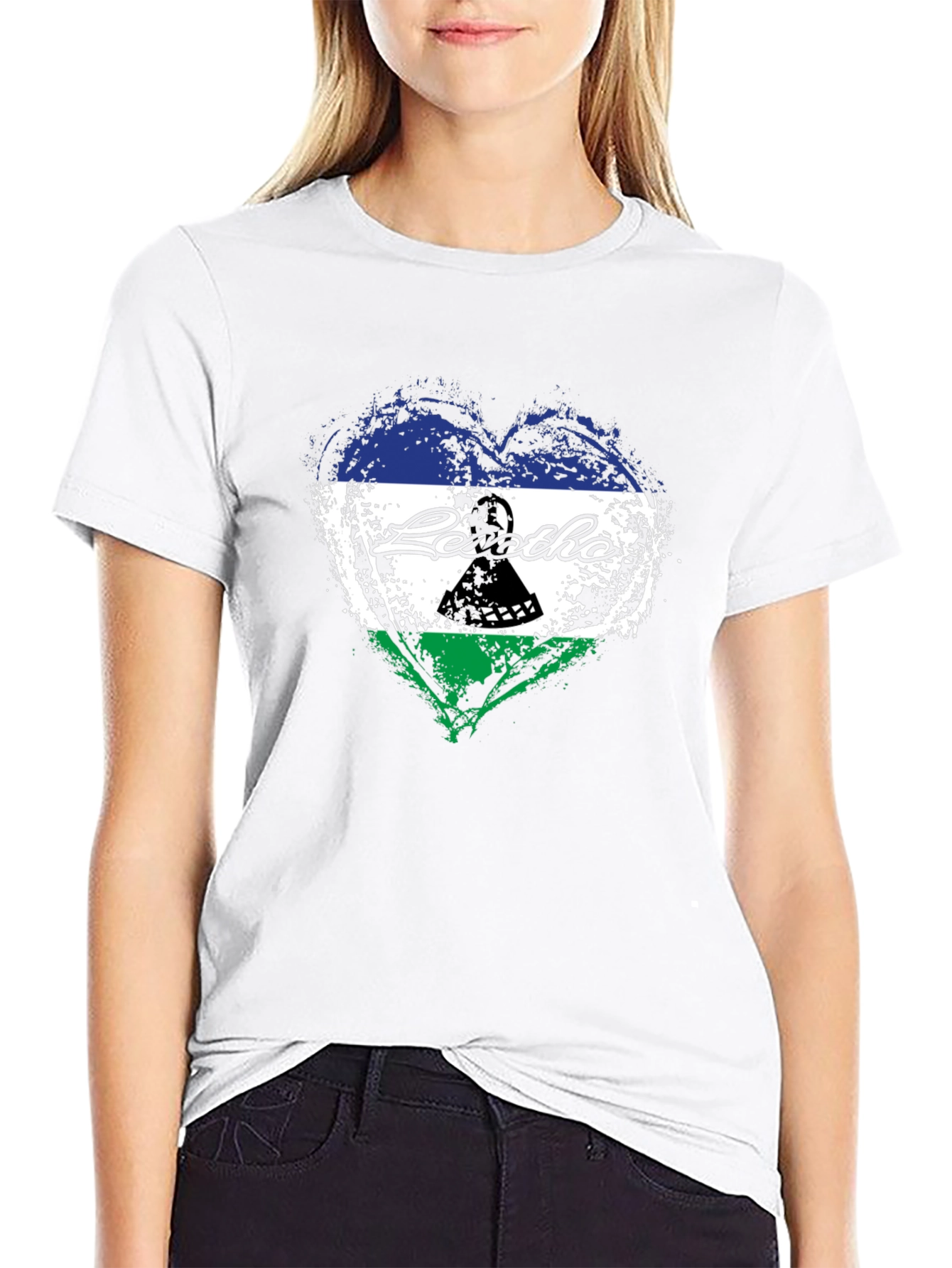 Lesotho Flag Heart T-Shirt - Black Crew Neck Tee