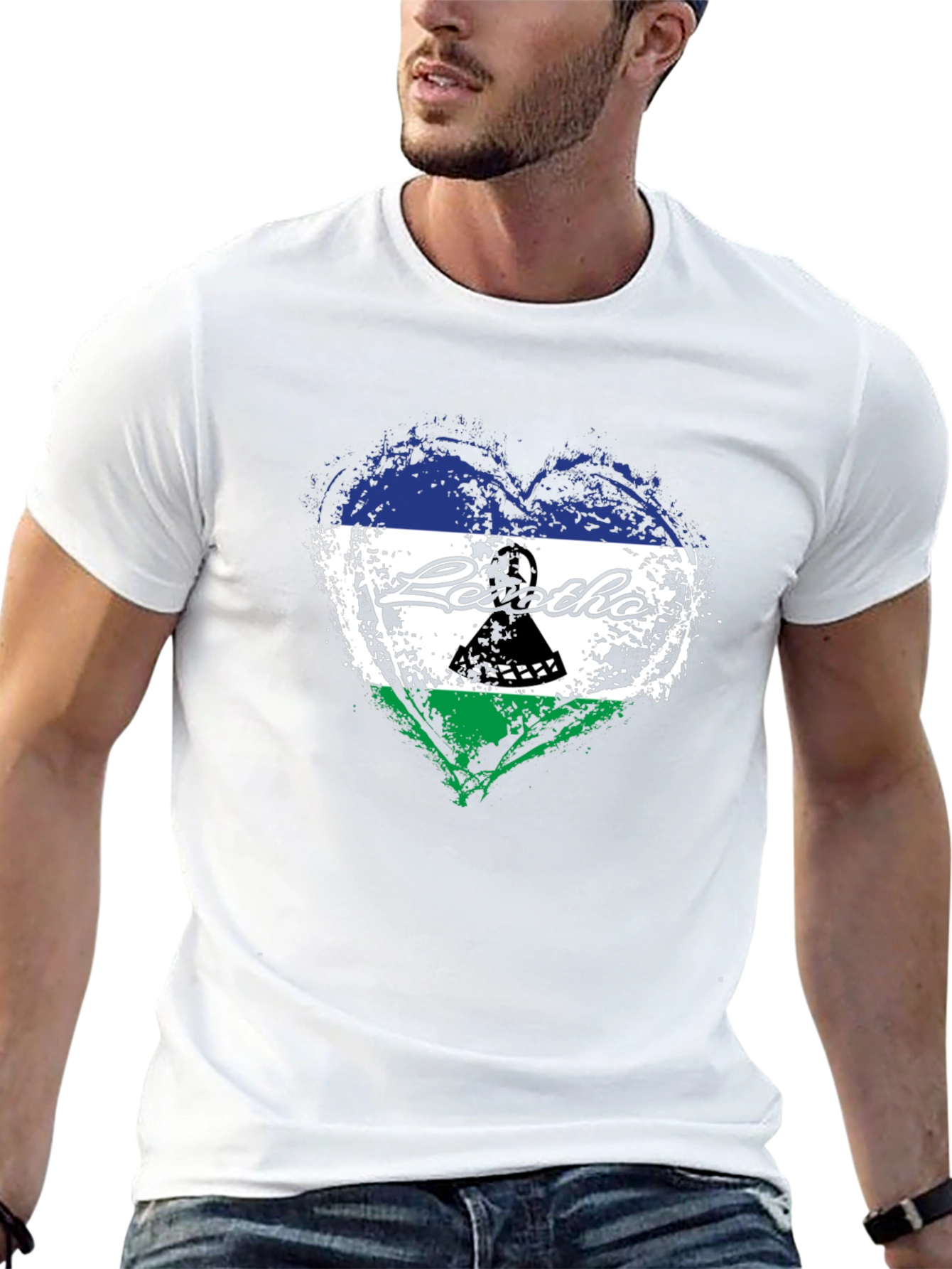 Lesotho Flag Heart T-Shirt - Black Crew Neck Tee