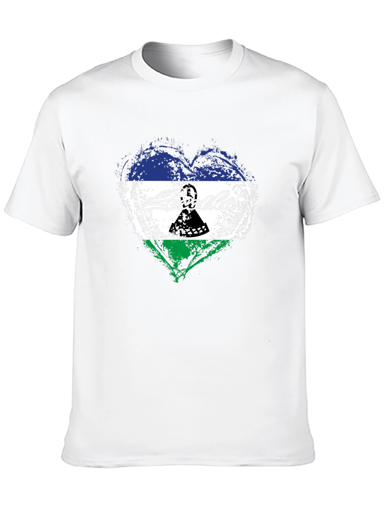 Lesotho Flag Heart T-Shirt - Black Crew Neck Tee