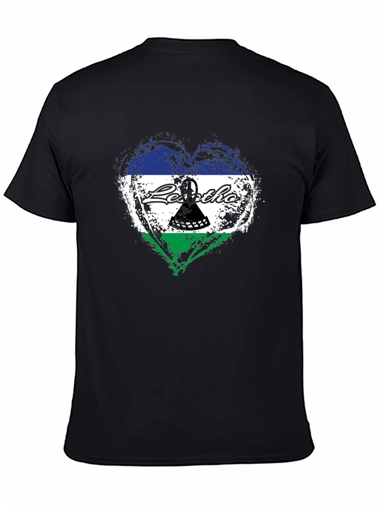 Lesotho Flag Heart T-Shirt - Black Crew Neck Tee