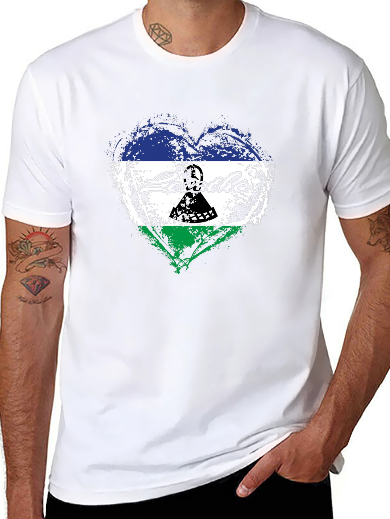 Lesotho Flag Heart T-Shirt - Black Crew Neck Tee