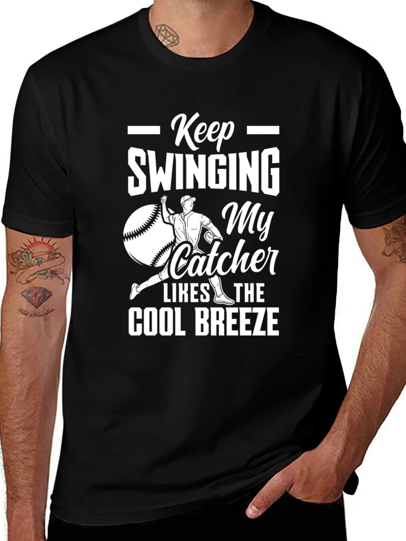 Keep Swinging T-Shirt - Baseball Catcher Design