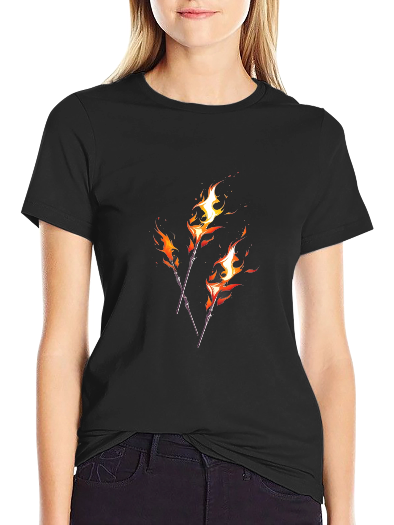 Fiery Torches Graphic Tee - Black Cotton Shirt