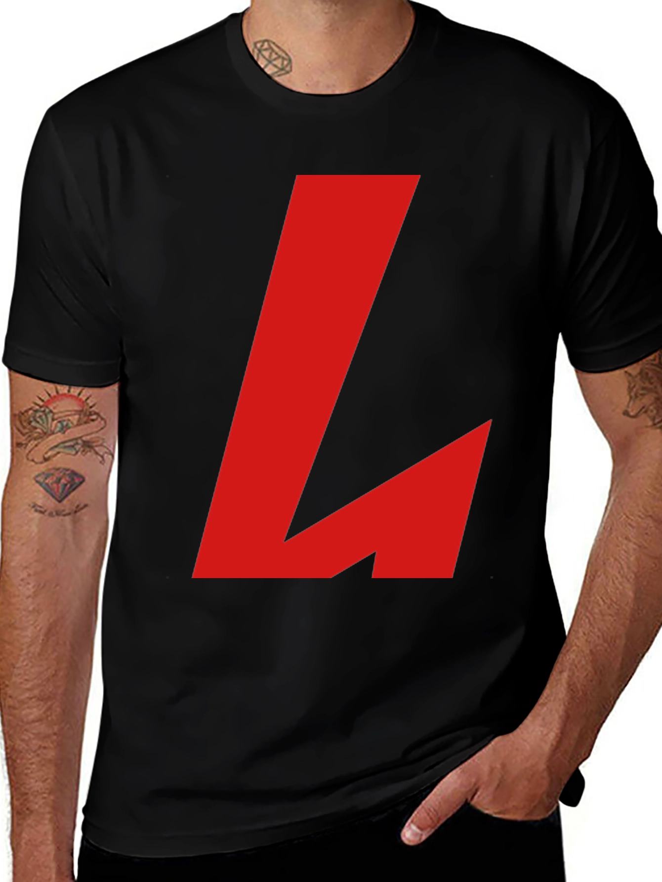 Bold Red L Graphic Black T-Shirt