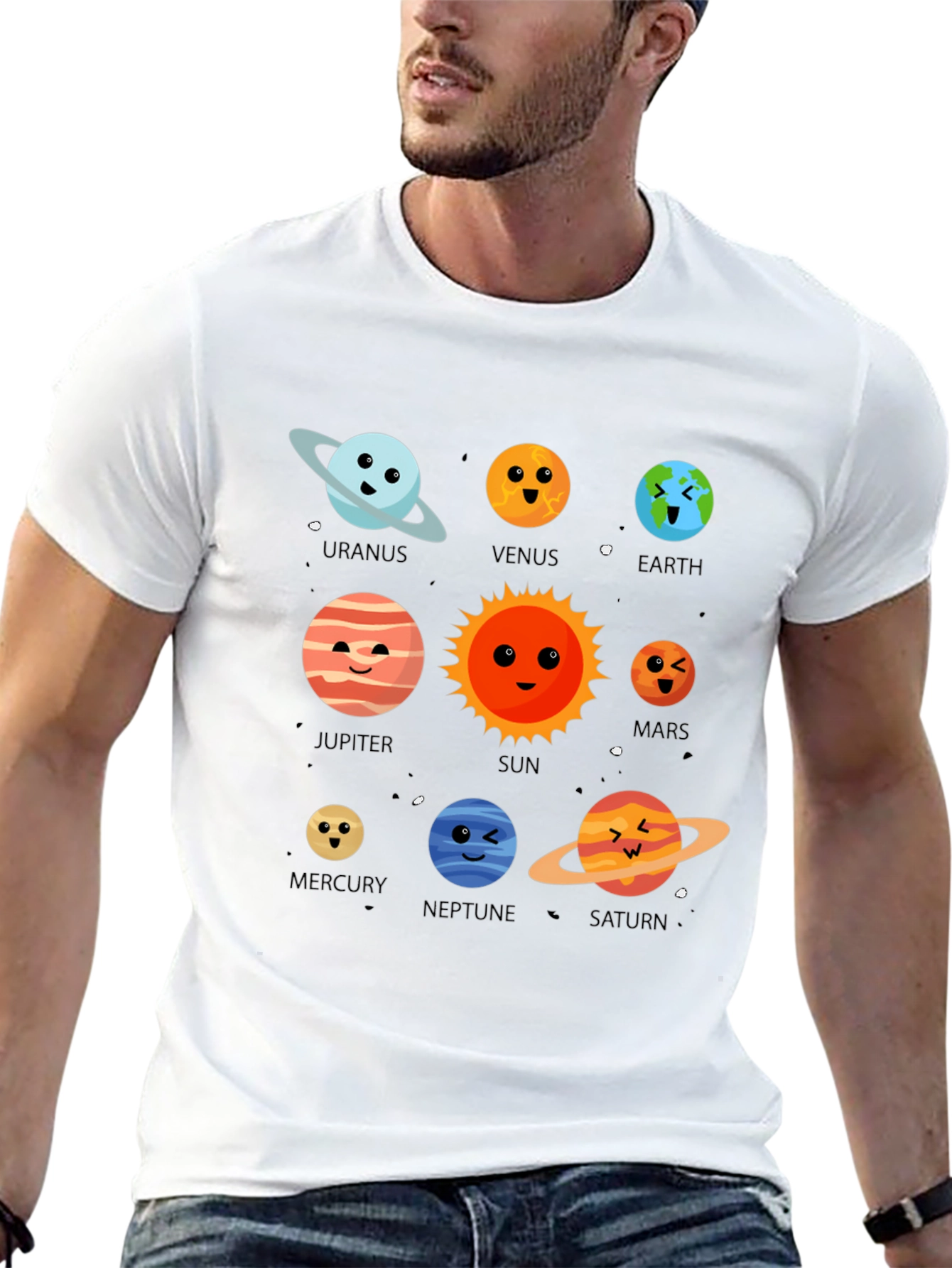 Cartoon Planets Graphic Print Black T-Shirt