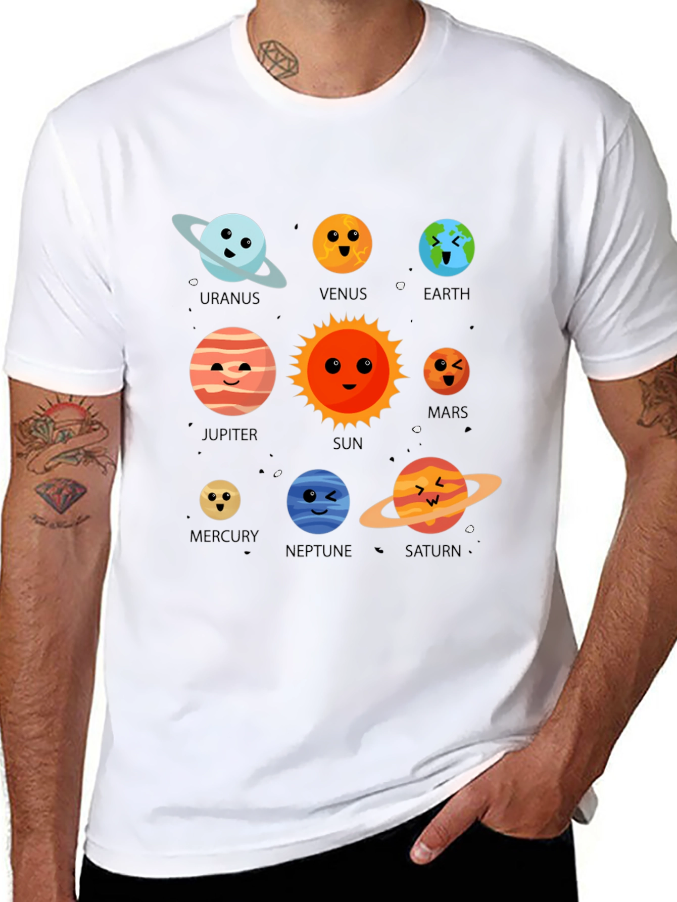 Cartoon Planets Graphic Print Black T-Shirt