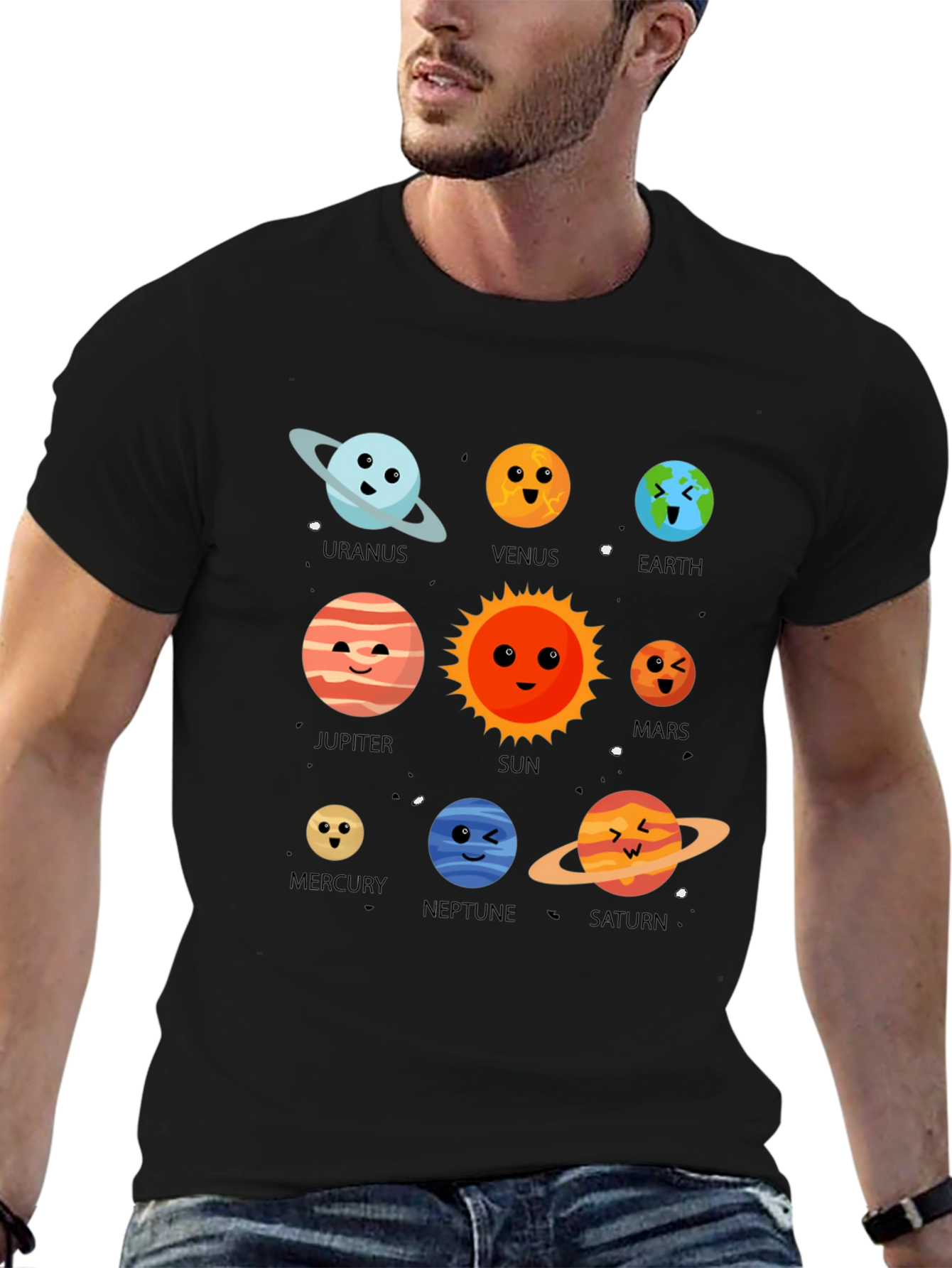 Cartoon Planets Graphic Print Black T-Shirt