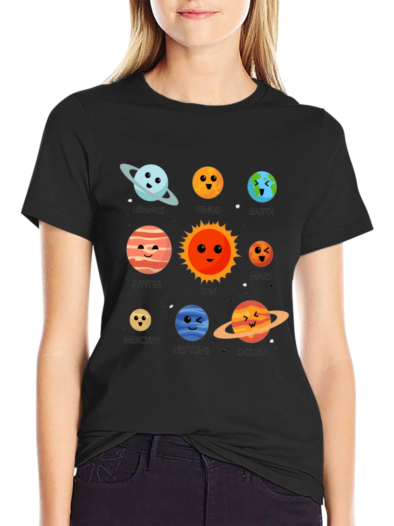 Cartoon Planets Graphic Print Black T-Shirt