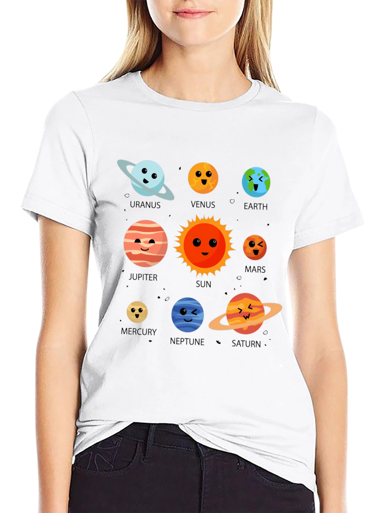 Cartoon Planets Graphic Print Black T-Shirt
