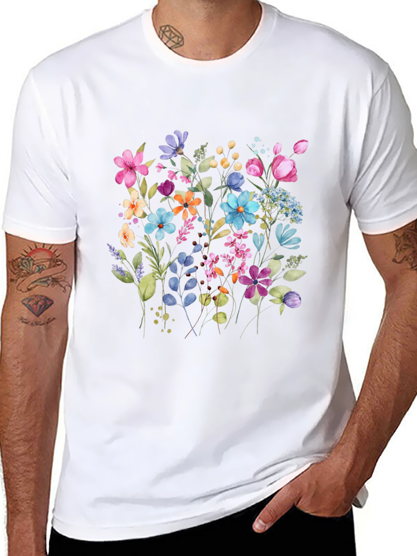Floral Print Mens Black Tee