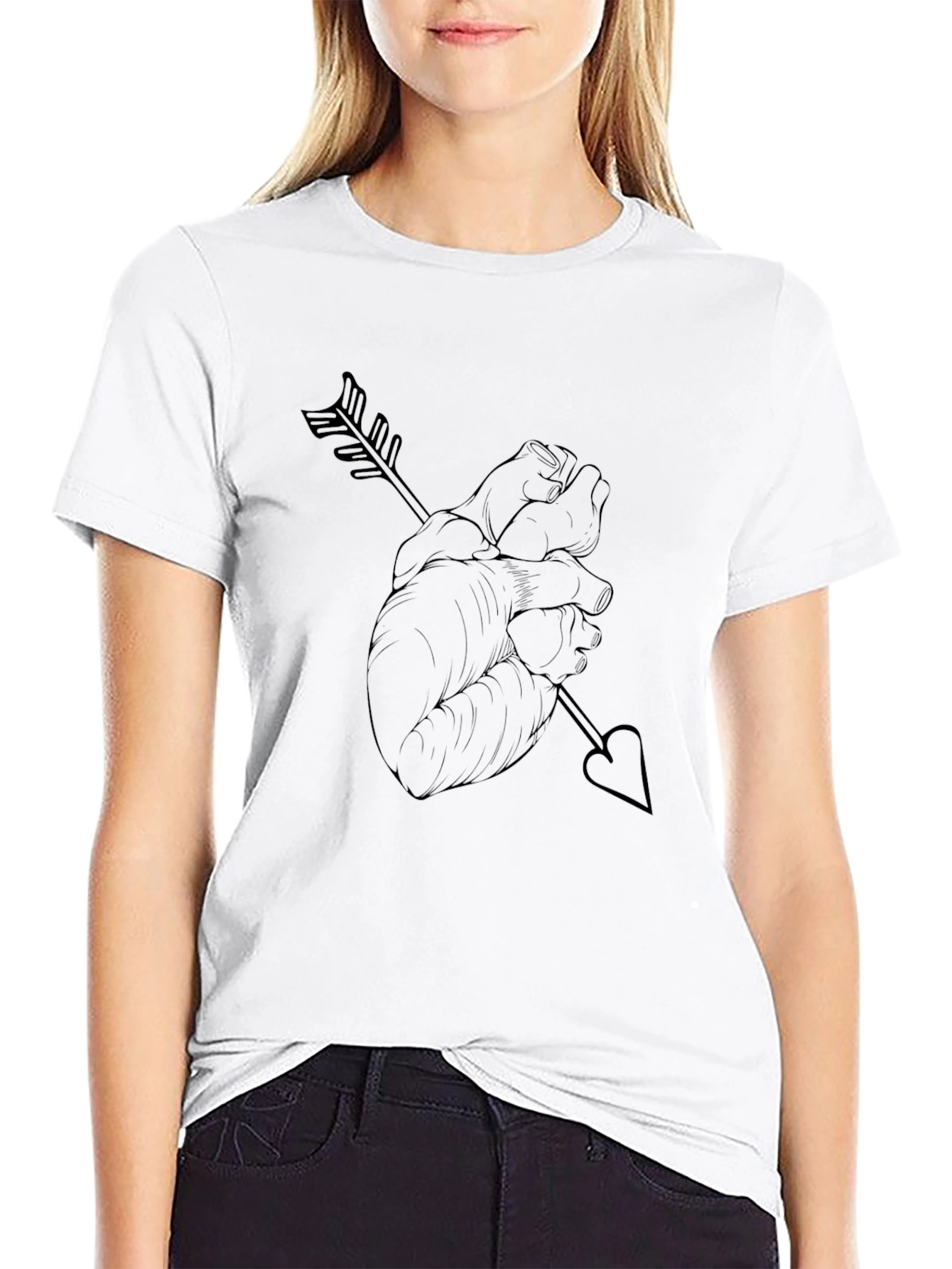 Heart Arrow Graphic Tee - Black Cotton Casual T-Shirt