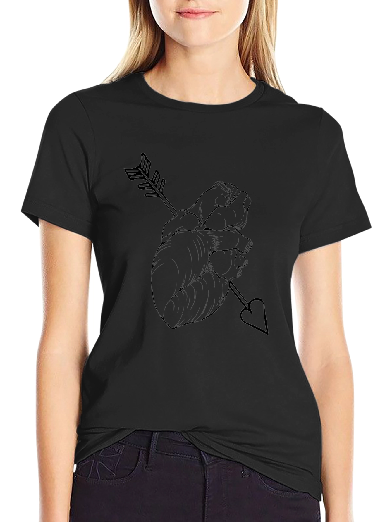Heart Arrow Graphic Tee - Black Cotton Casual T-Shirt