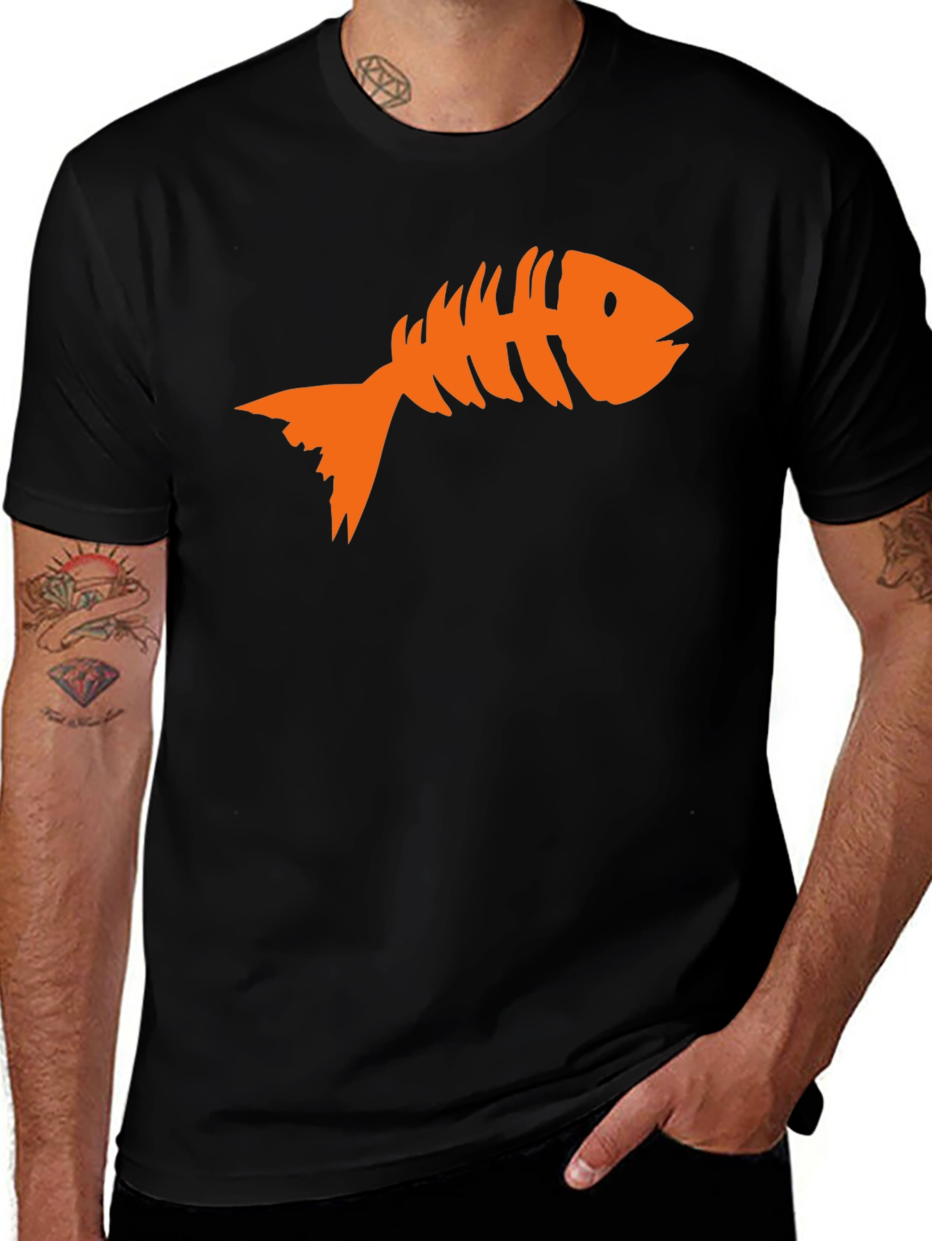 Fish Bone Graphic Tee - Black Cotton T-Shirt