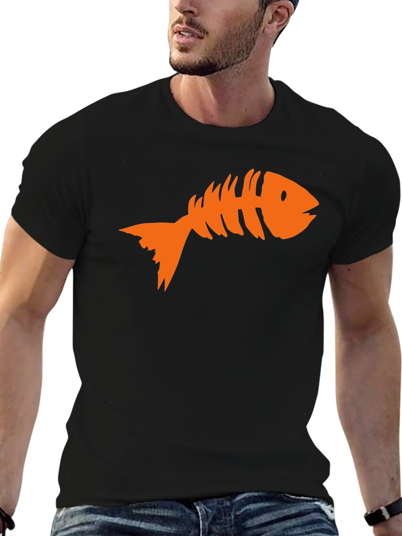 Fish Bone Graphic Tee - Black Cotton T-Shirt