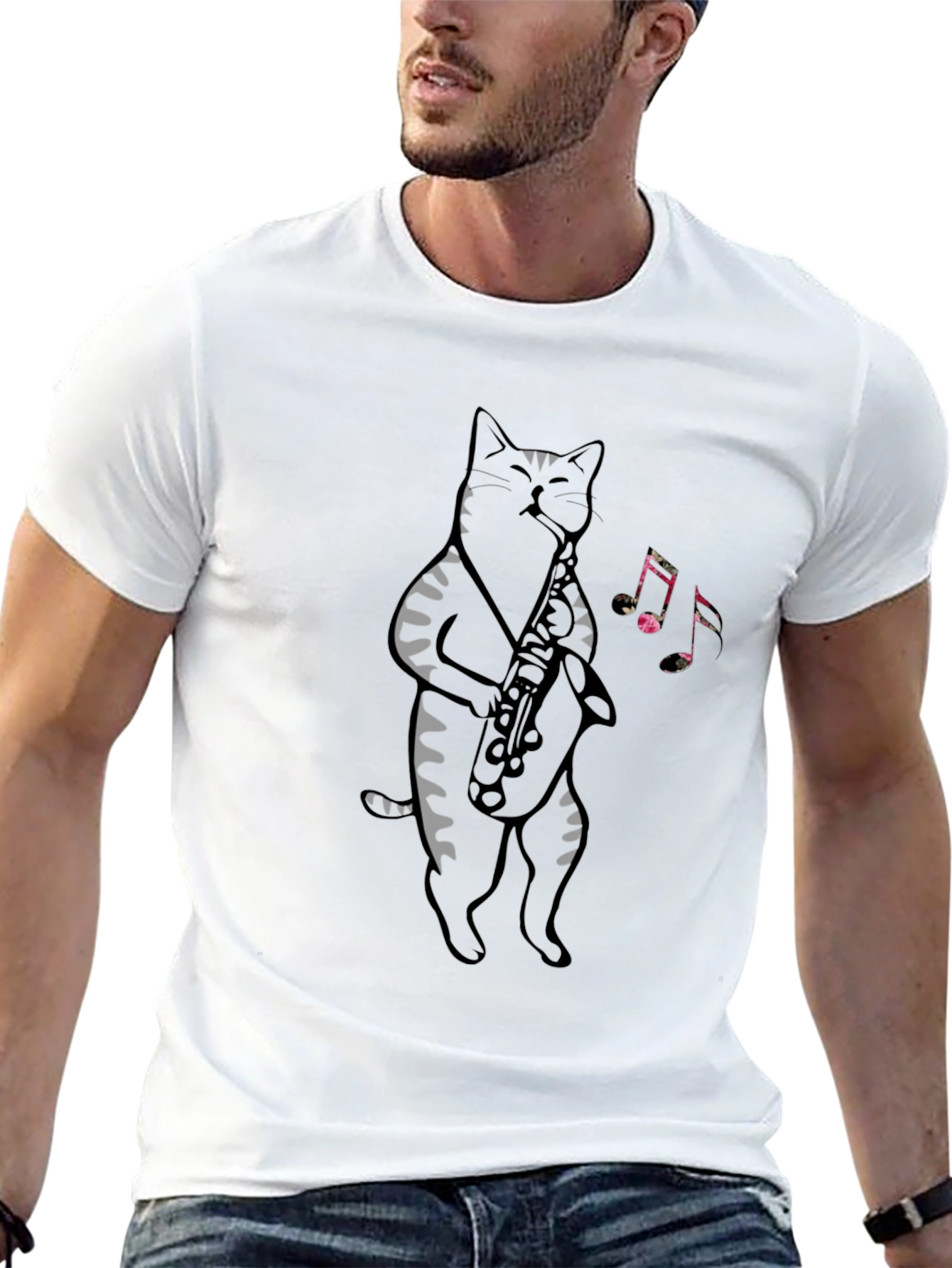 Cat Saxophone Graphic Tee - Cool Musical Cat T-Shirt
