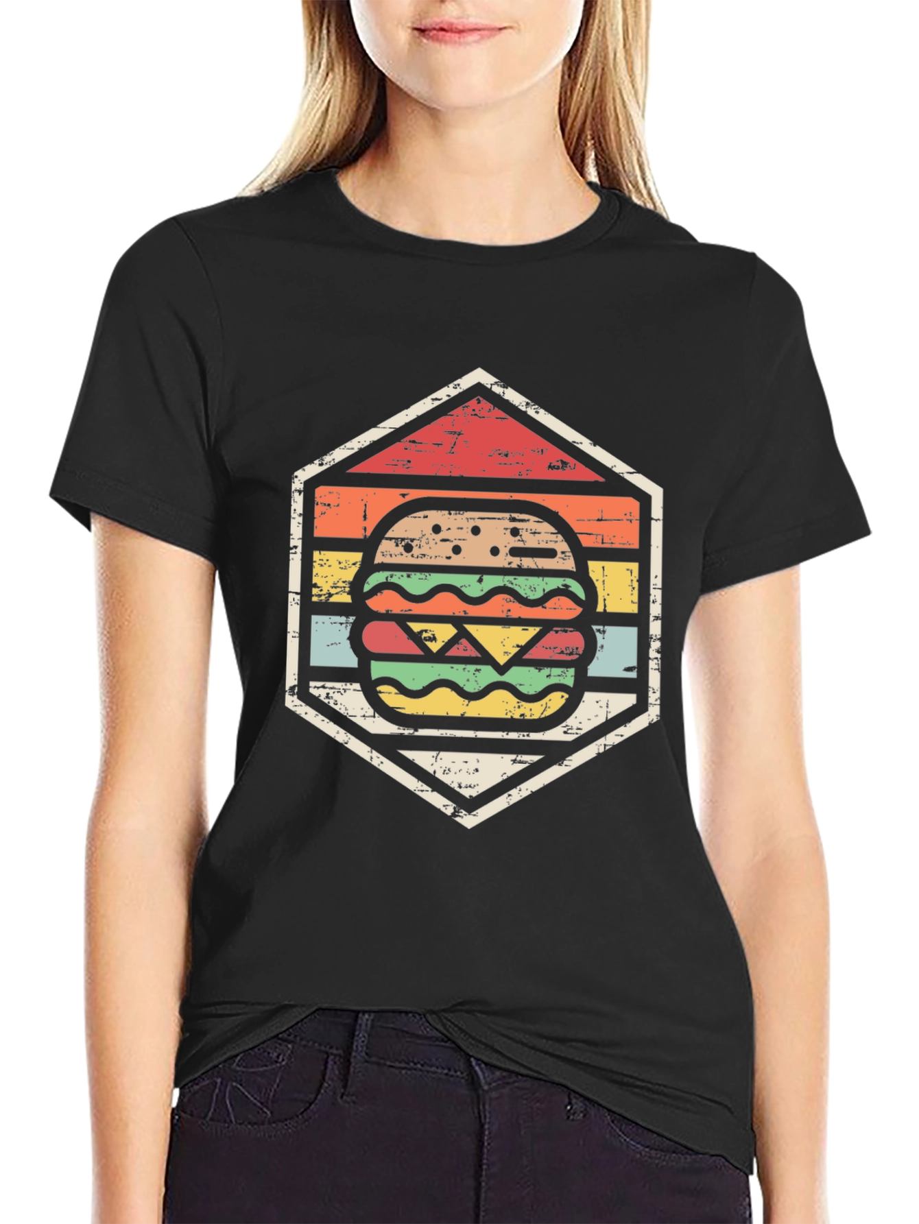 Retro Burger Graphic Tee - Black Cotton T-Shirt