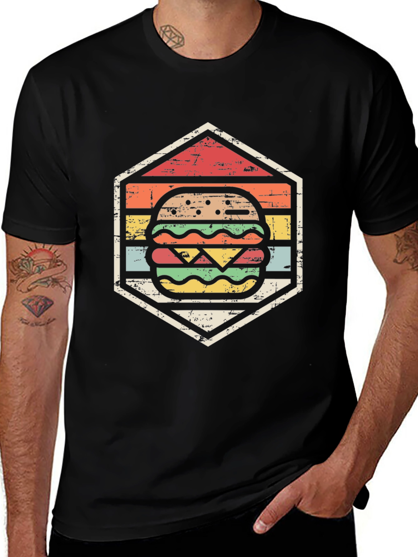Retro Burger Graphic Tee - Black Cotton T-Shirt
