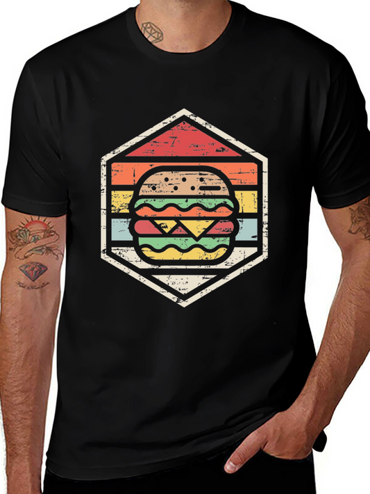 Retro Burger Graphic Tee - Black Cotton T-Shirt