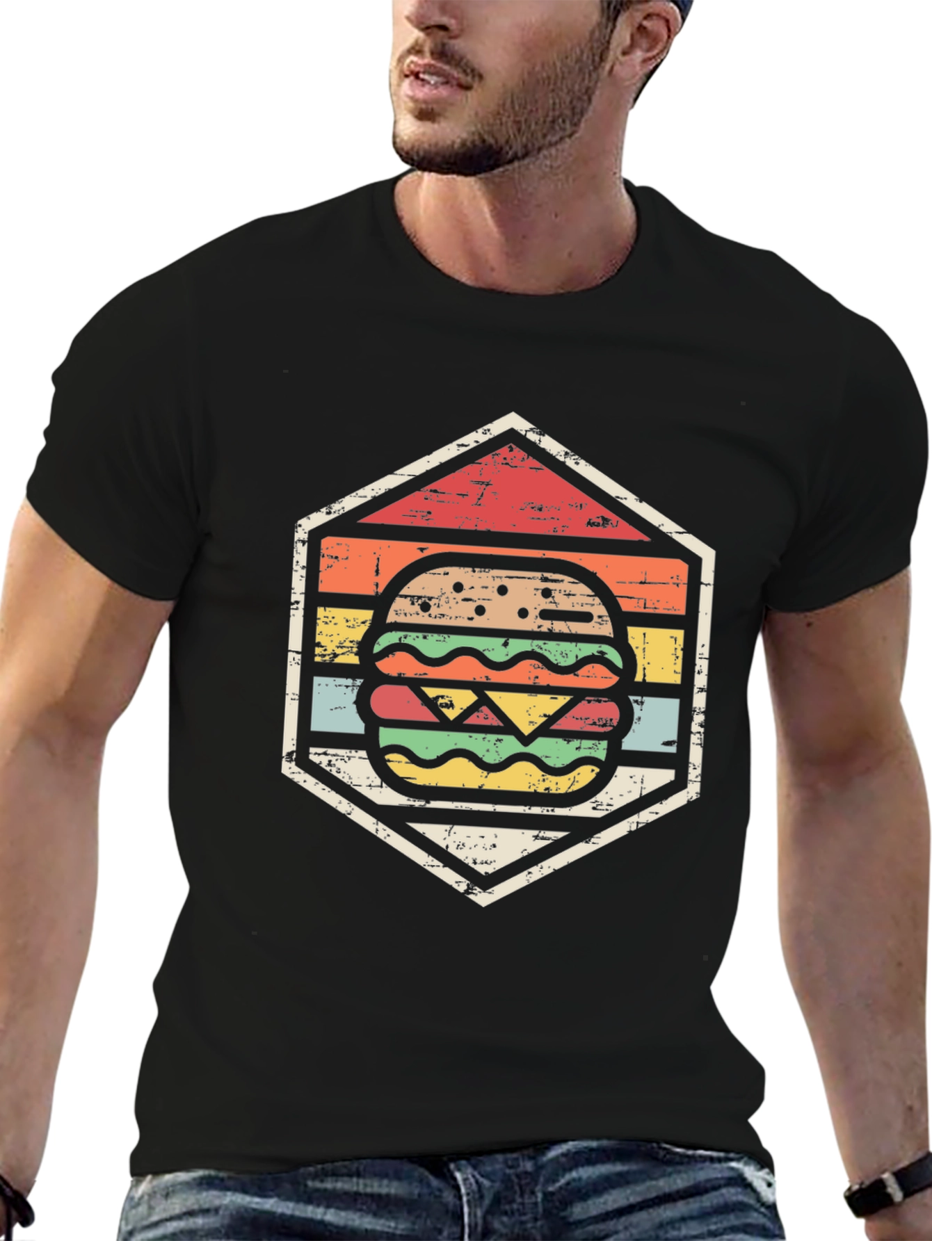 Retro Burger Graphic Tee - Black Cotton T-Shirt