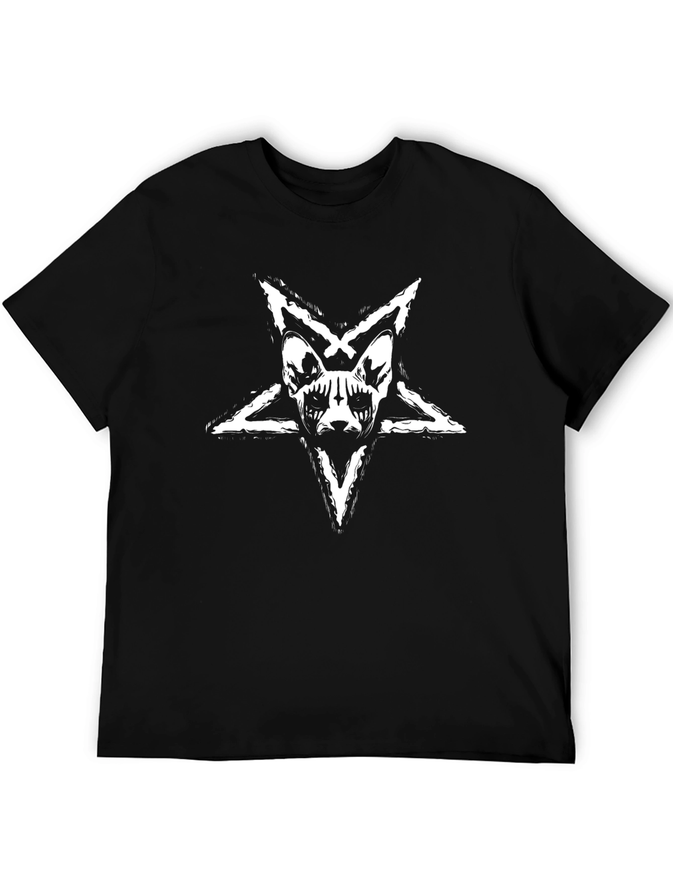 Black T-Shirt with Baphomet Cat Star Design