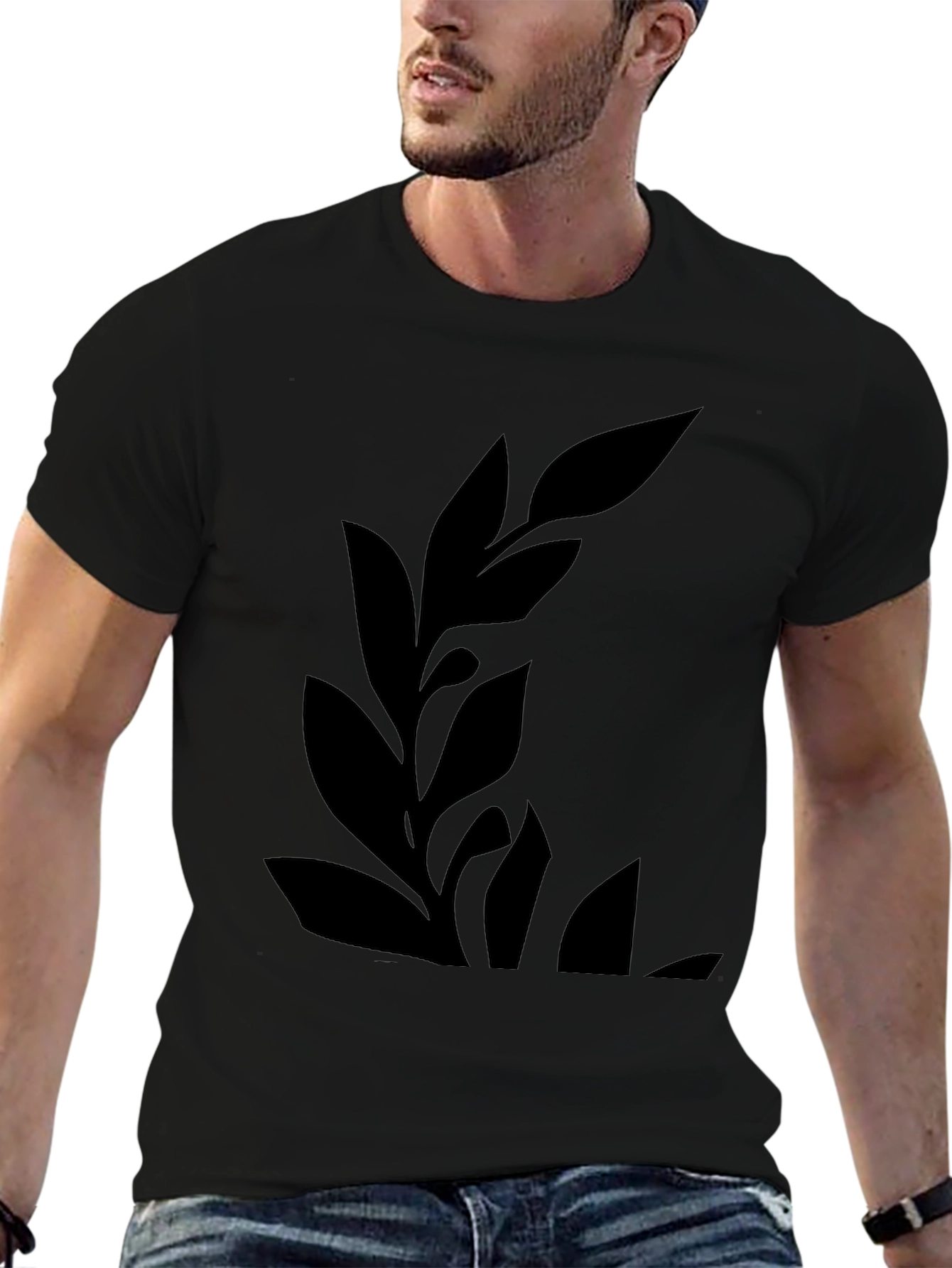 Mens Black Graphic Tee - Botanical Leaf Design