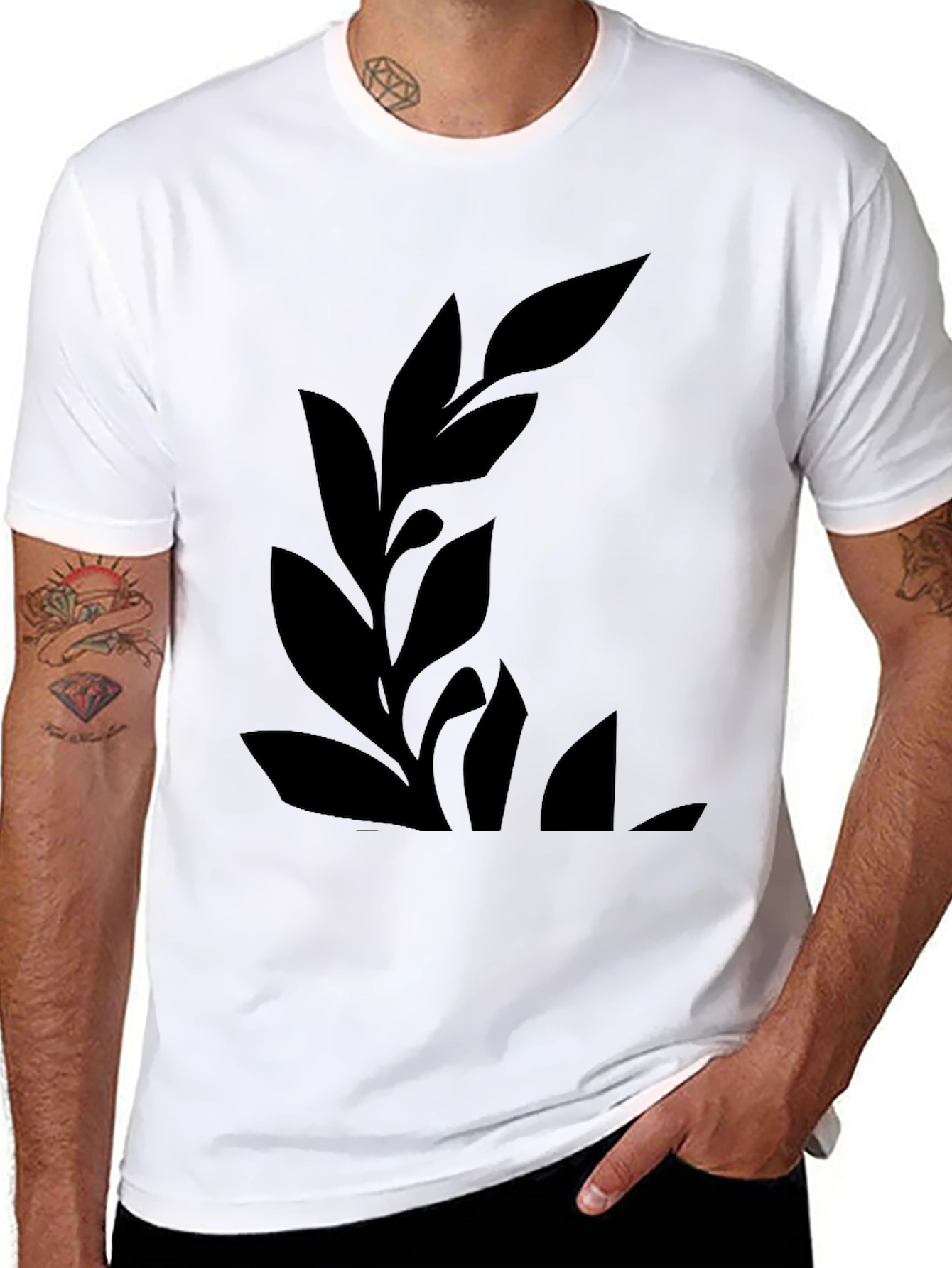 Mens Black Graphic Tee - Botanical Leaf Design