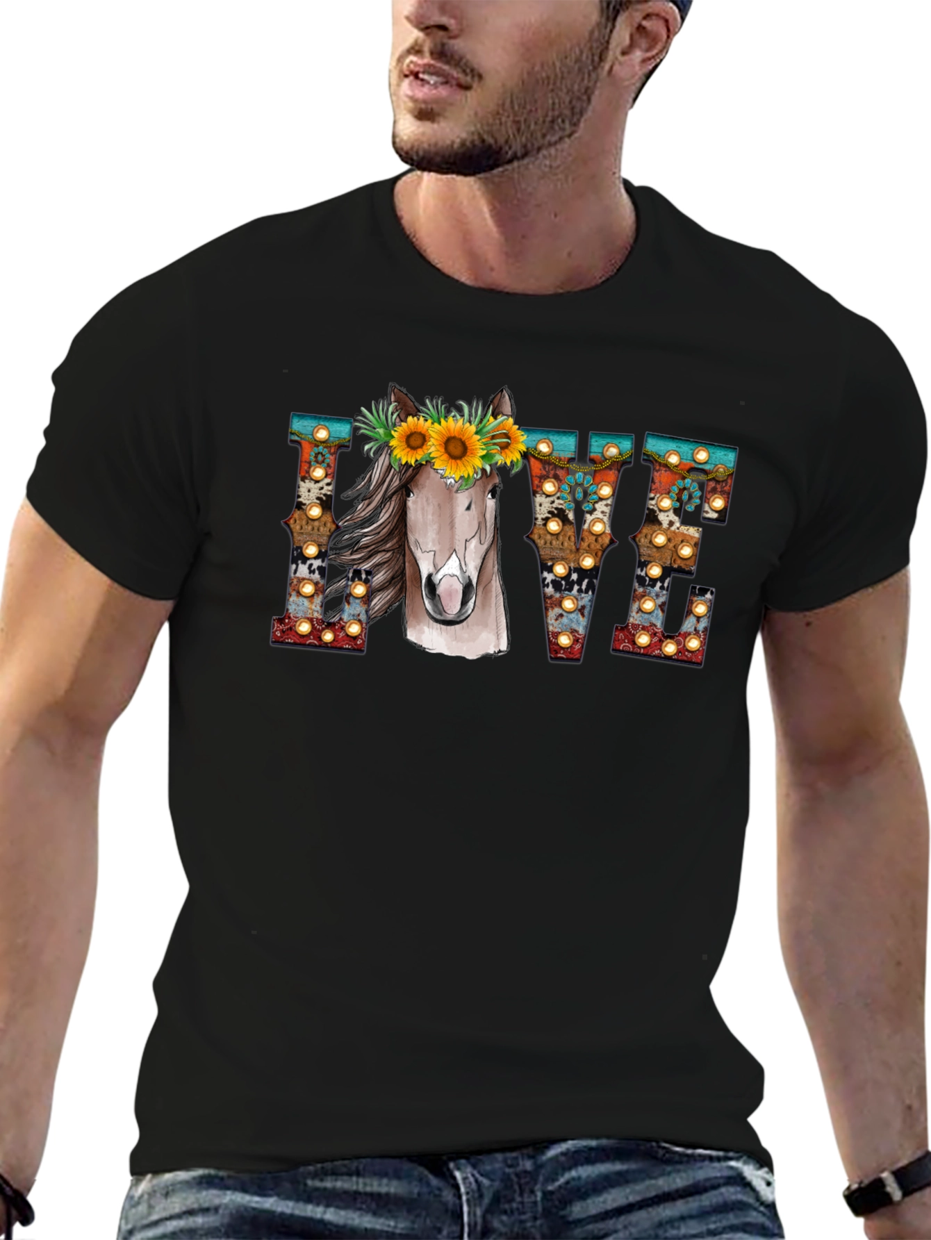 LOVE Horse Sunflower Graphic T-Shirt