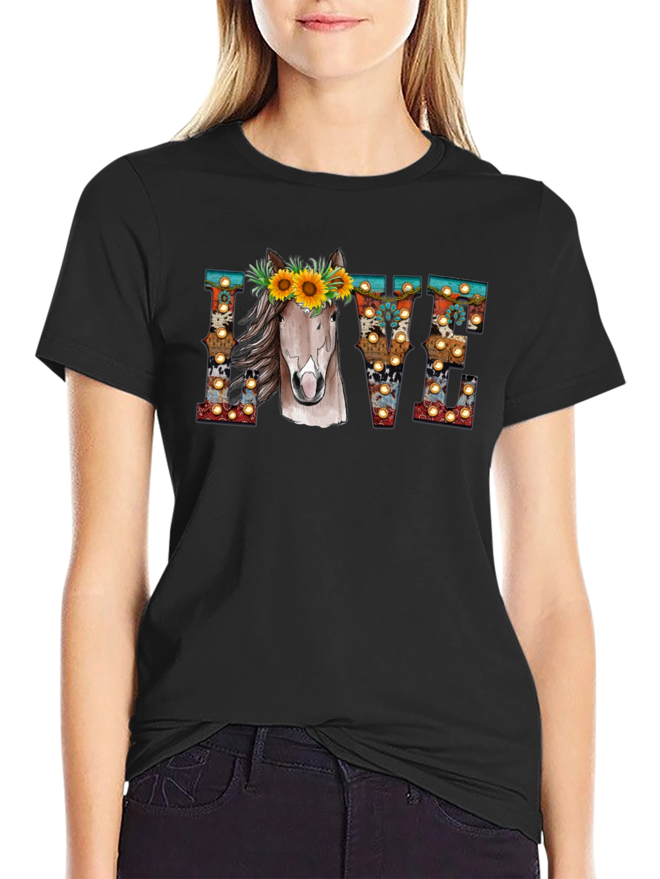 LOVE Horse Sunflower Graphic T-Shirt