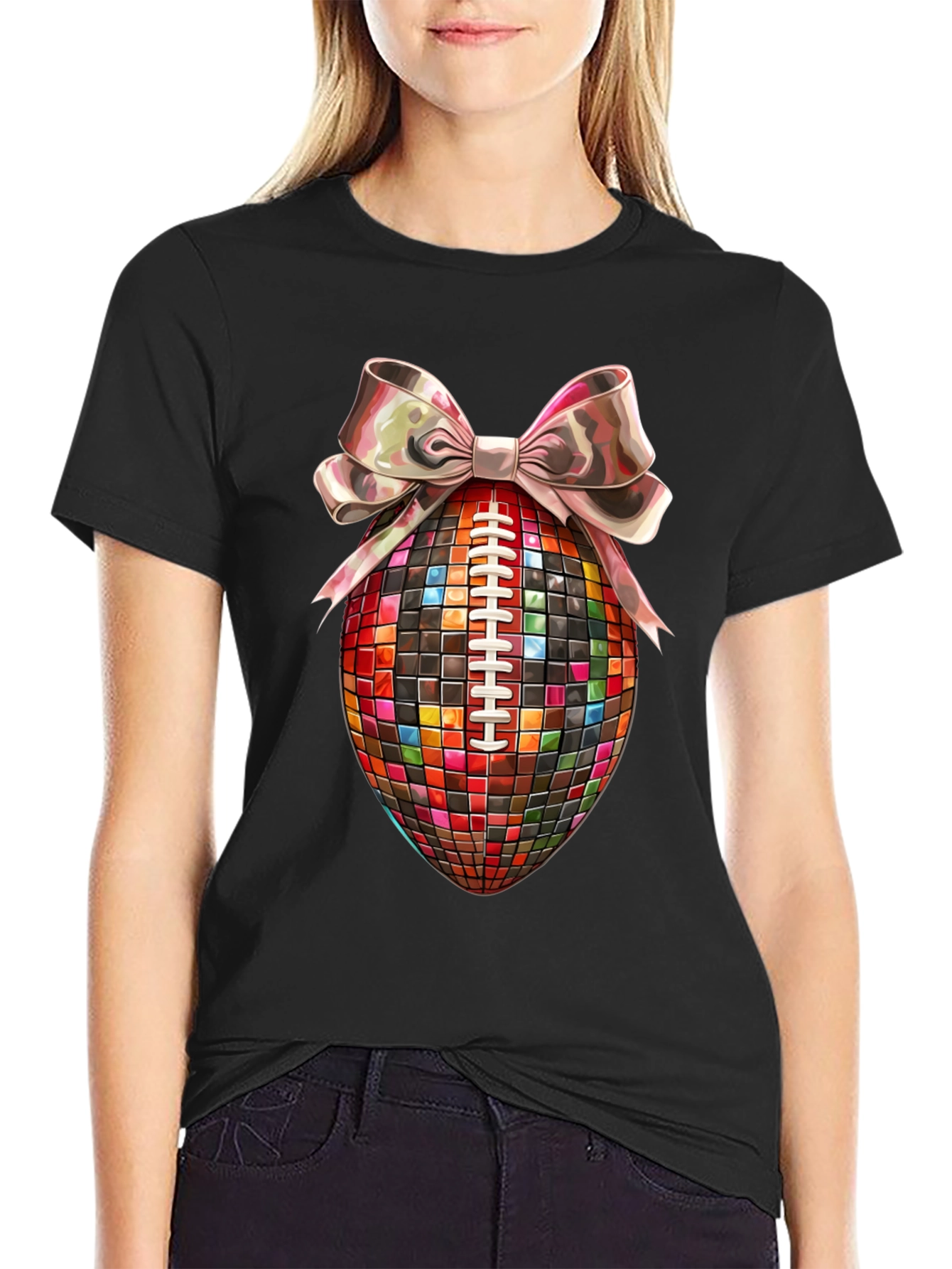 Disco Ball Football Bow T-Shirt